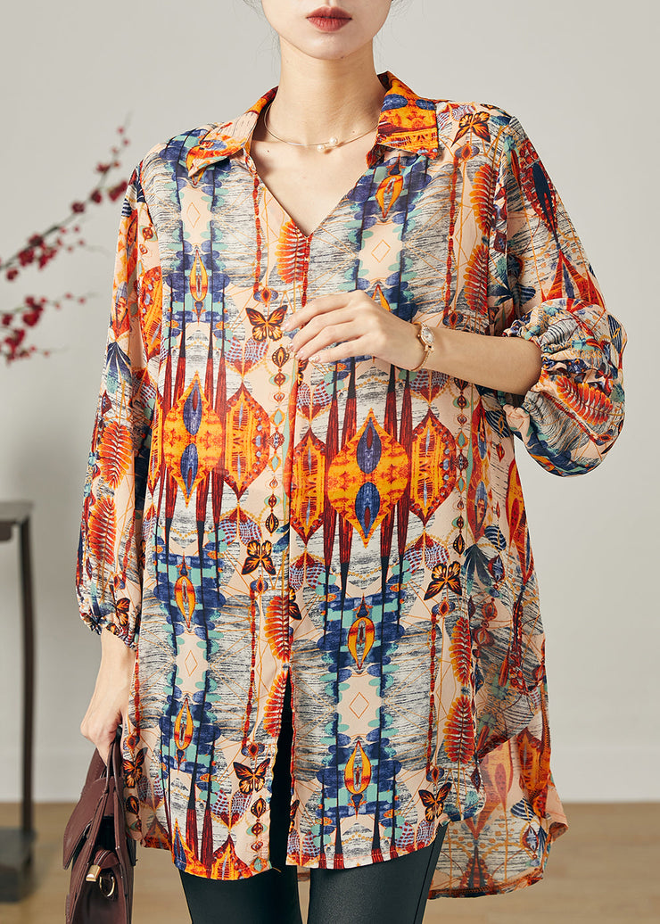 Natural Orange Print Side Open Chiffon Top Summer