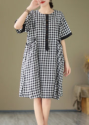 Natural O Neck Big Plaid Pockets Loose Cotton Dress Summer