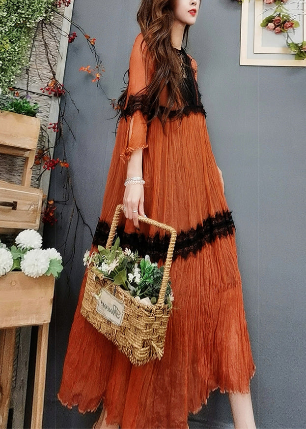 Natural Orange O-Neck Lace Patchwork Silk Maxi Dress Flare Sleeve