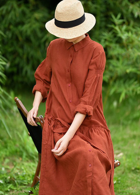 Natural Orange Peter Pan Collar Patchwork Linen Maxi Dresses Spring