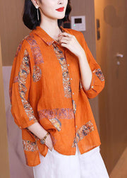 Natural Orange flower Peter Pan Collar Print Button Side Open Linen Top Half Sleeve