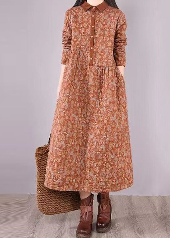 Natural Orange Print Patchwork Fine Cotton Filled Dresses Winter