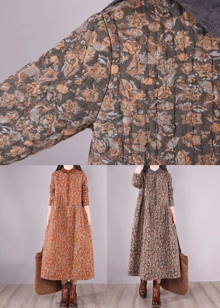 Natural Orange Print Patchwork Fine Cotton Filled Dresses Winter