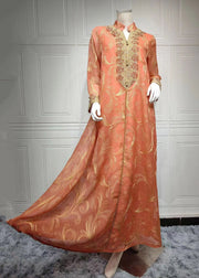 Natural Orange Stand Collar Embroideried Button Tulle Holiday Long Dress Fall