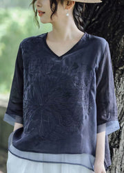 Natural Orange V Neck Embroideried Patchwork Linen T Shirt Half Sleeve