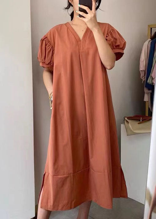 Natural Orange V Neck Patchwork Cotton Dresses Summer