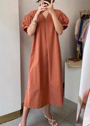 Natural Orange V Neck Patchwork Cotton Dresses Summer