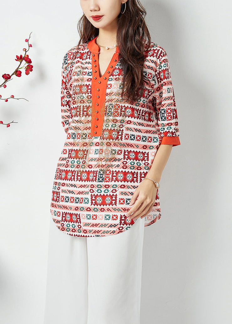 Natural Orange V Neck Print Shirt Top Summer