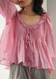 Natural Pink O-Neck Ruffled Patchwork Tie Waist Ramie Shirts Fall