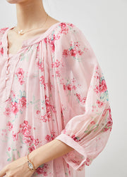 Natural Pink Oversized Print Chiffon Shirt Two Piece Bracelet Sleeve