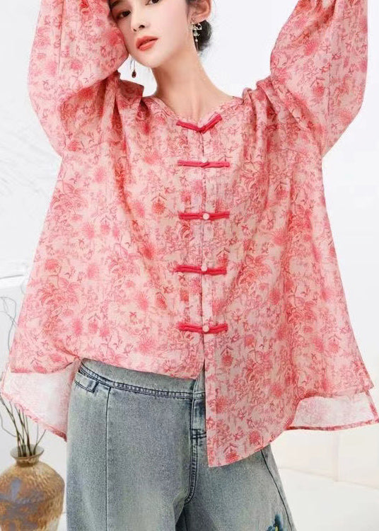 Natural Pink Print Chinese Button Cotton Shirts Top Long Sleeve