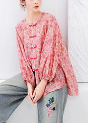 Natural Pink Print Chinese Button Cotton Shirts Top Long Sleeve