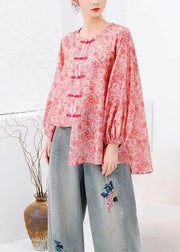 Natural Pink Print Chinese Button Cotton Shirts Top Long Sleeve