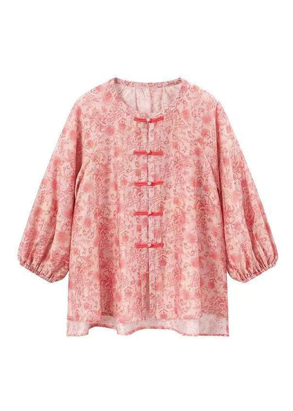 Natural Pink Print Chinese Button Cotton Shirts Top Long Sleeve