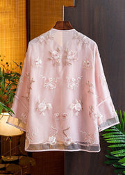 Natural Pink V Neck Embroidered Floral Tulle Shirts Spring