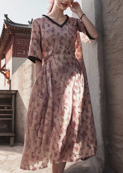 Natural Pink V Neck Print Patchwork Silk Dresses Summer