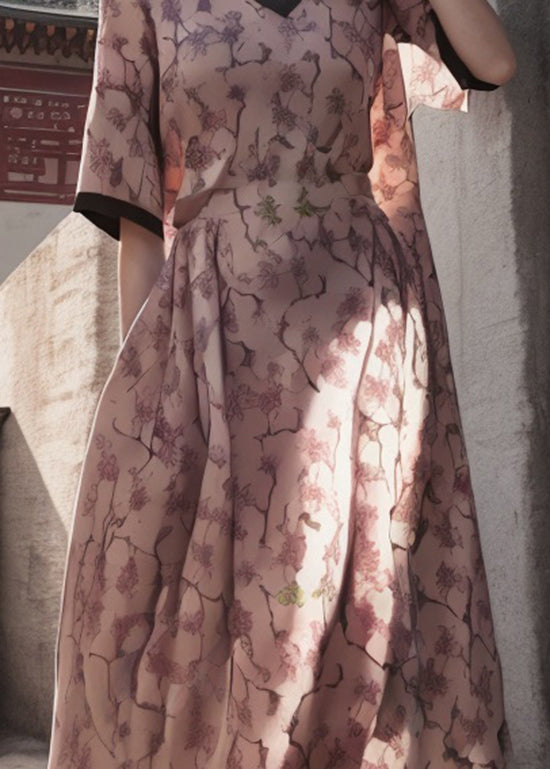 Natural Pink V Neck Print Patchwork Silk Dresses Summer