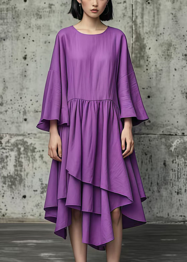 Natural Purple Asymmetrical Exra Large Hem Cotton Dress Fall