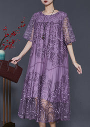 Natural Purple Embroidered Tulle Long Dresses Summer