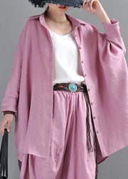 Natural Purple Pink Colour Peter Pan Collar Button Low High Design Linen Shirts Long Sleeve