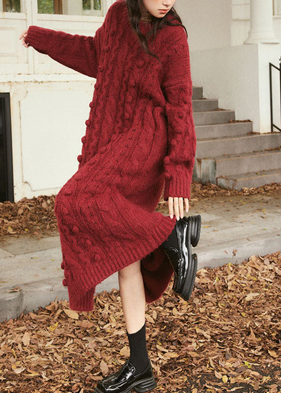 Natural Purplish Red O-Neck Cable Cotton Knit Sweater Maxi Dress Long Sleeve