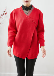 Natural Red Asymmetrical Button Knit Sweaters Winter