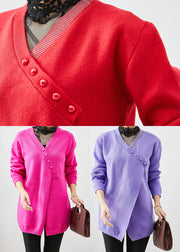 Natural Red Asymmetrical Button Knit Sweaters Winter