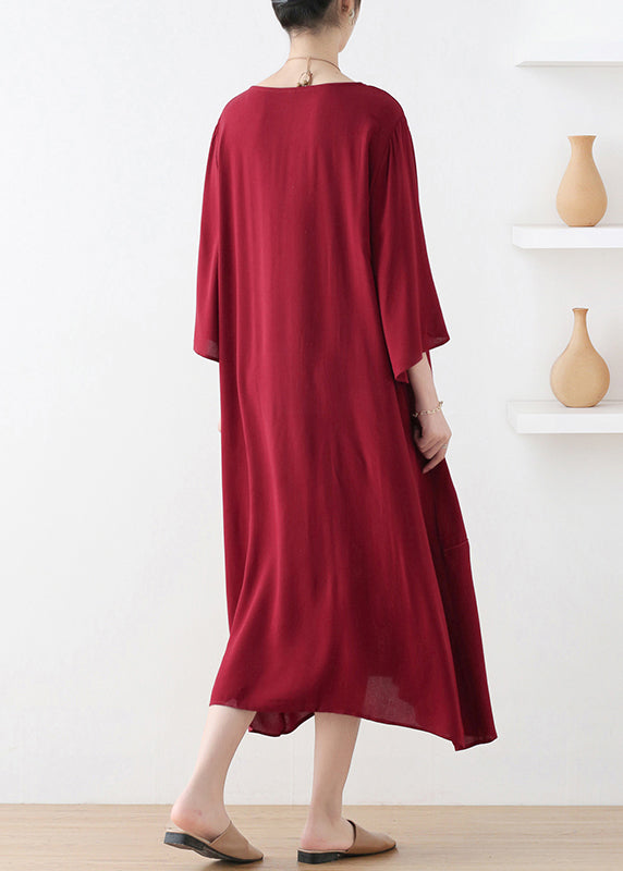 Natural Red O-Neck Print Draping Long Dress Fall