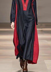 Natural Red Patchwork Black Zippered Maxi Dresses Fall