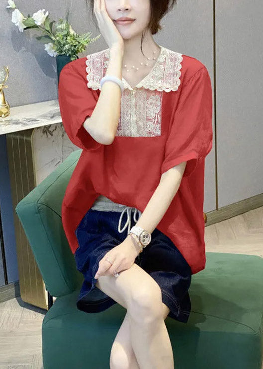 Natural Red Peter Pan Collar Lace Patchwork Linen Tops Short Sleeve