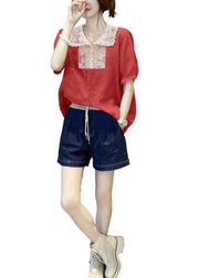 Natural Red Peter Pan Collar Lace Patchwork Linen Tops Short Sleeve