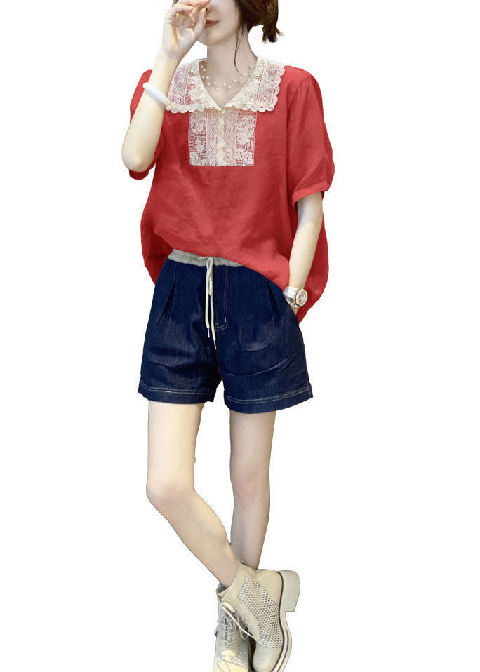 Natural Red Peter Pan Collar Lace Patchwork Linen Tops Short Sleeve