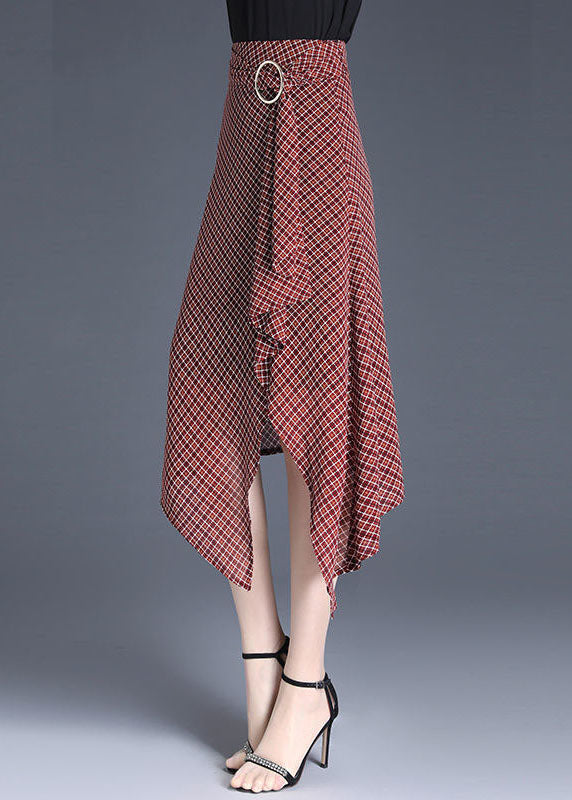 Natural Red Plaid Asymmetrical Chiffon Skirt Summer