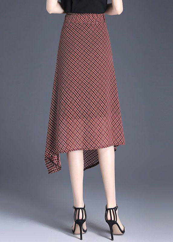 Natural Red Plaid Asymmetrical Chiffon Skirt Summer