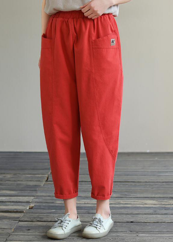 Natural Red Pockets Elastic Waist Cotton Crop Pants Fall