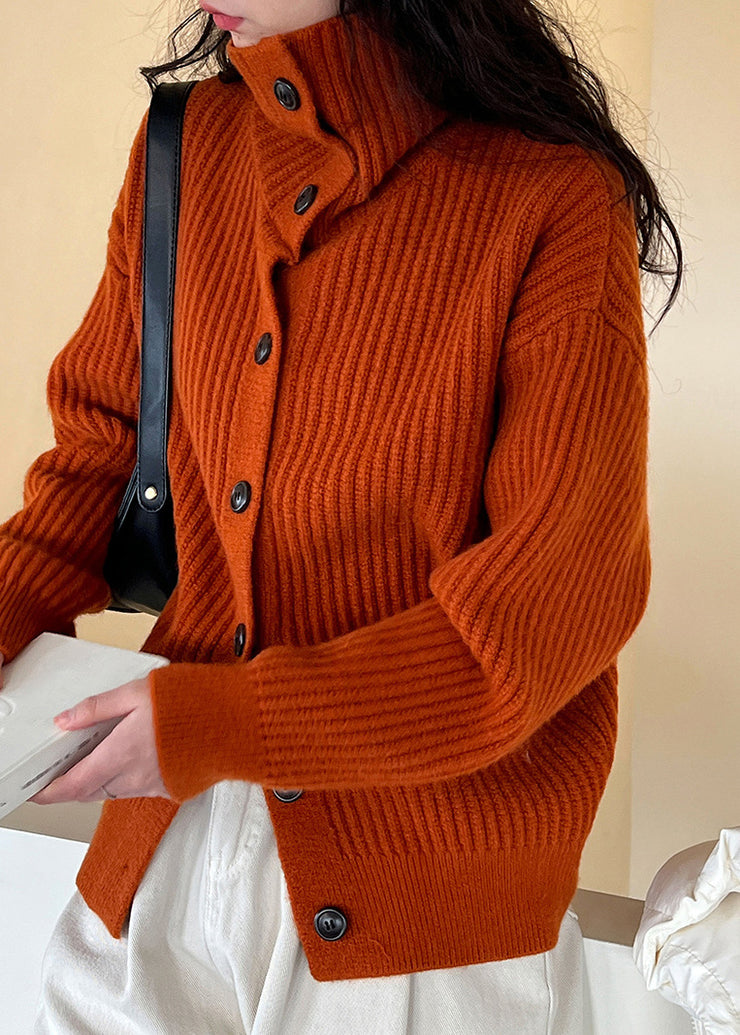 Natural Red Turtleneck Striped Cotton Knit Cardigans Long Sleeve