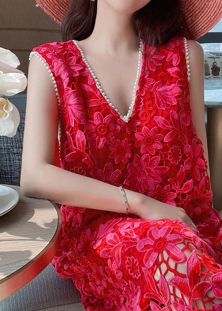 Natural Red V Neck Hollow Out Lace Long Dress Summer