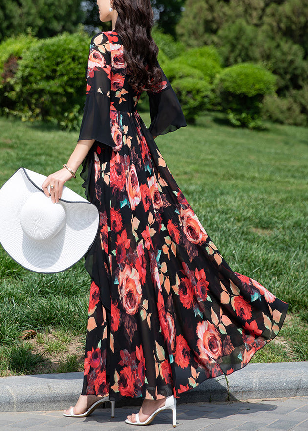 Natural Red V Neck Ruffled Print Chiffon Vacation Dresses Summer