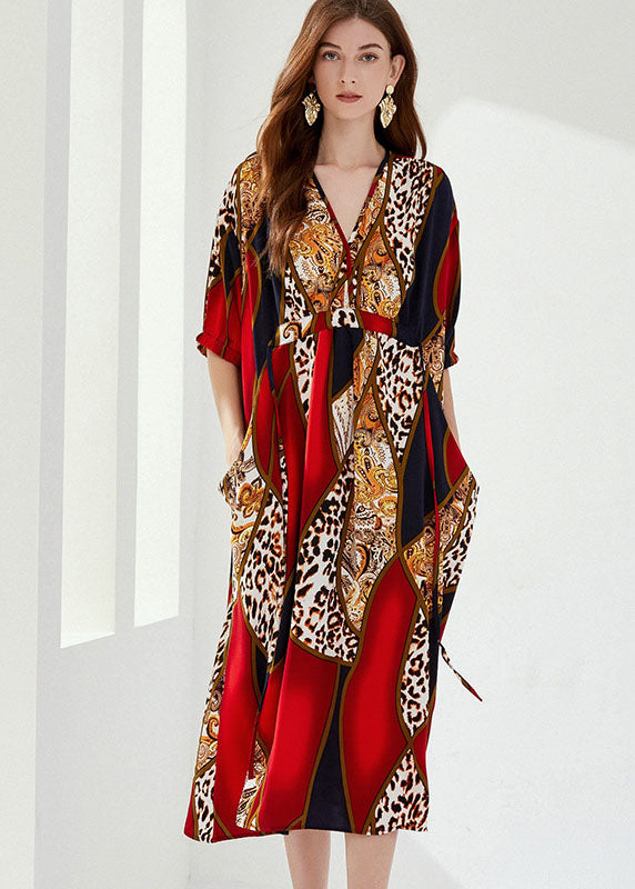 Natural Red V Neck Wrinkled Pockets Print Cotton Dresses Summer