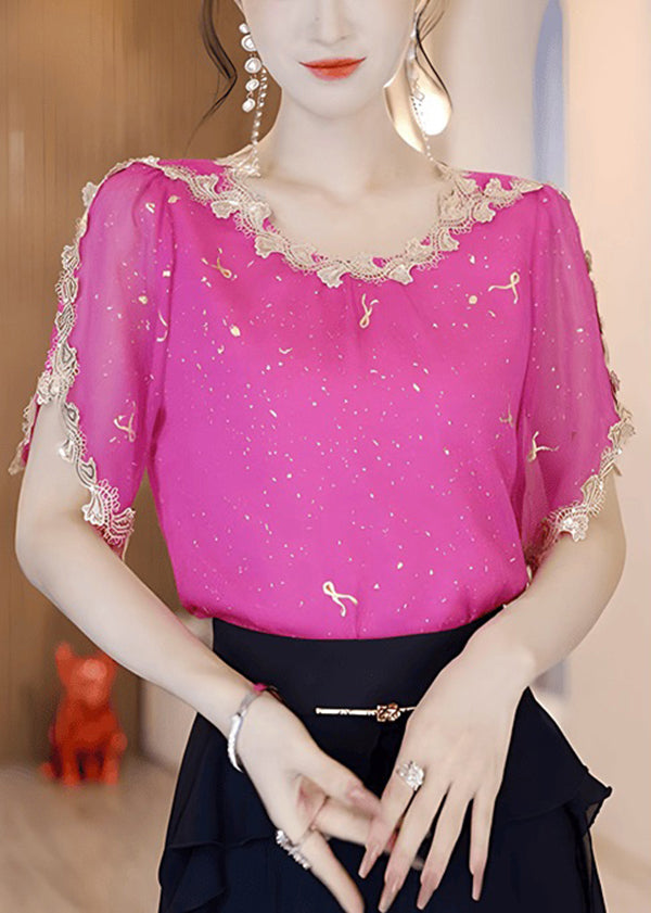 Natural Rose O Neck Sequins Patchwork Chiffon Blouse Tops Summer