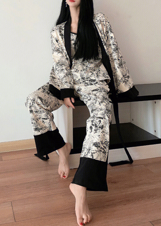 Natural V Neck Print Patchwork Ice Silk Pajamas Three Pieces Set Spring