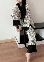 Natural V Neck Print Patchwork Ice Silk Pajamas Three Pieces Set Spring