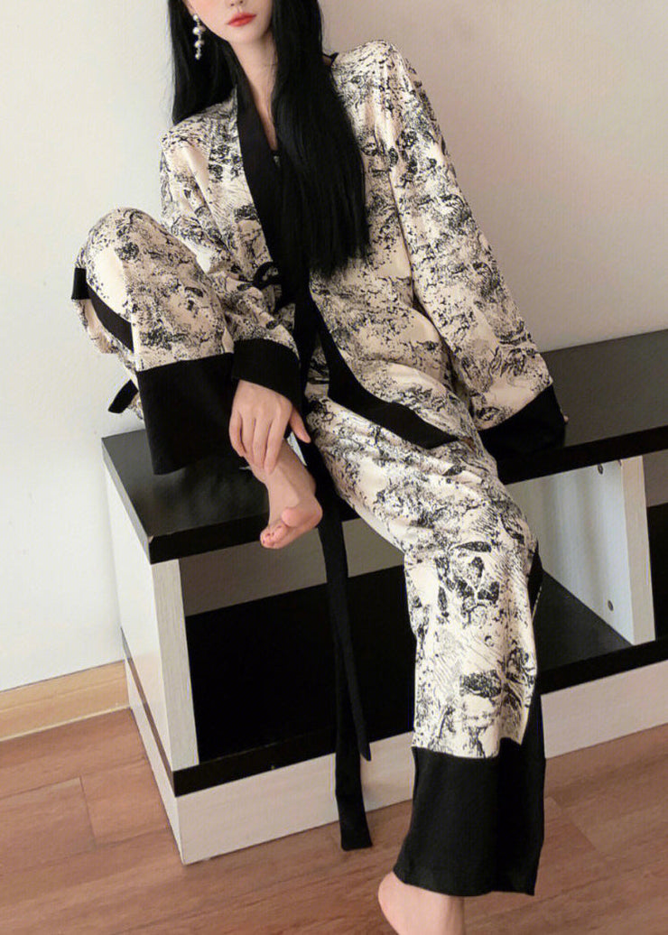 Natural V Neck Print Patchwork Ice Silk Pajamas Three Pieces Set Spring