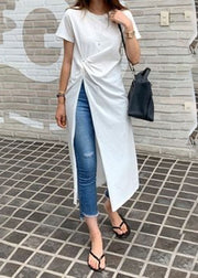 Natural White Asymmetrical Side Open Wrinkled Cotton Long Tops Summer