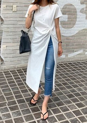 Natural White Asymmetrical Side Open Wrinkled Cotton Long Tops Summer