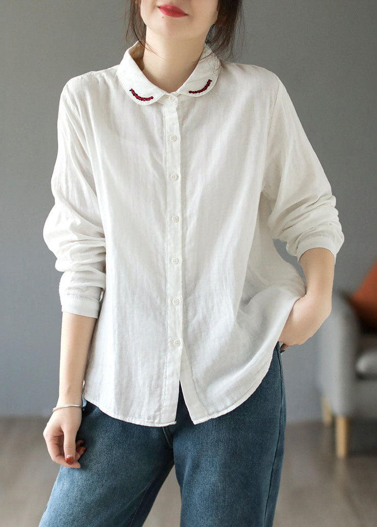 Natural White Peter Pan Collar Embroideried Cotton Shirt Tops Long Sleeve