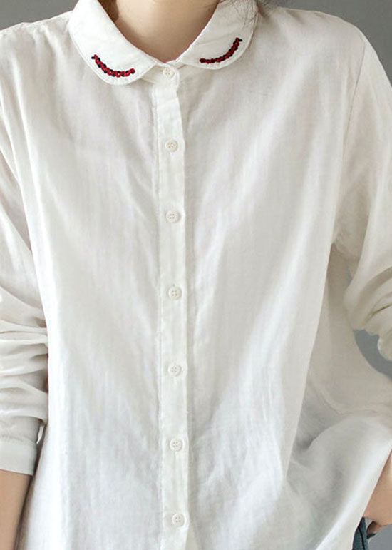 Natural White Peter Pan Collar Embroideried Cotton Shirt Tops Long Sleeve