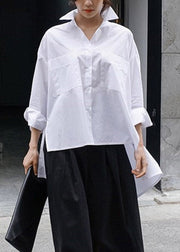 Natural White Dandelion Peter Pan Collar Low High Design Button Pockets Cotton Shirts Long Sleeve