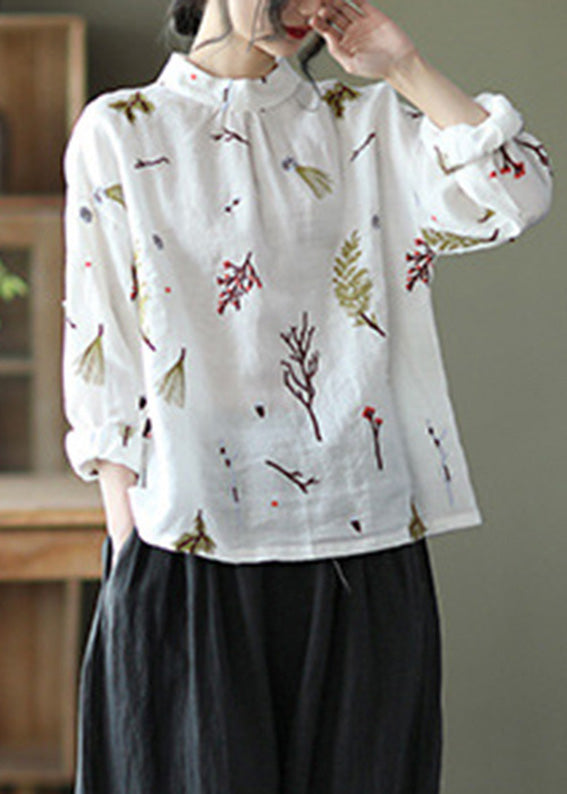 Natural White Print Linen Shirt Long Sleeve