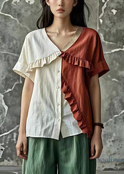 Natural White Ruffled Patchwork Linen Shirt Summer